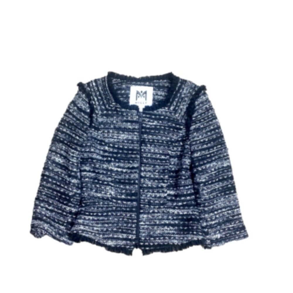 Milly Navy and White Tweed Zip-Front Blazer